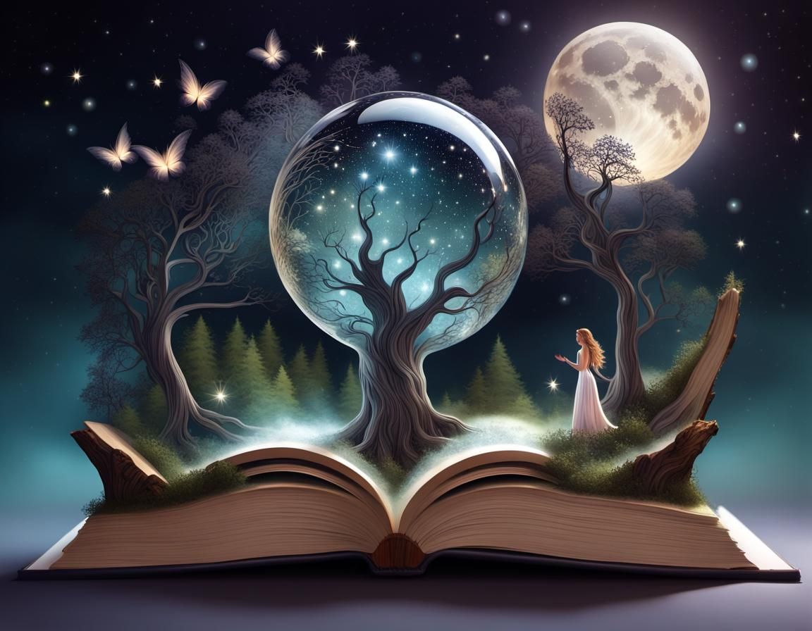 Fairies Emerge from Marble Book Under Glass Sphere