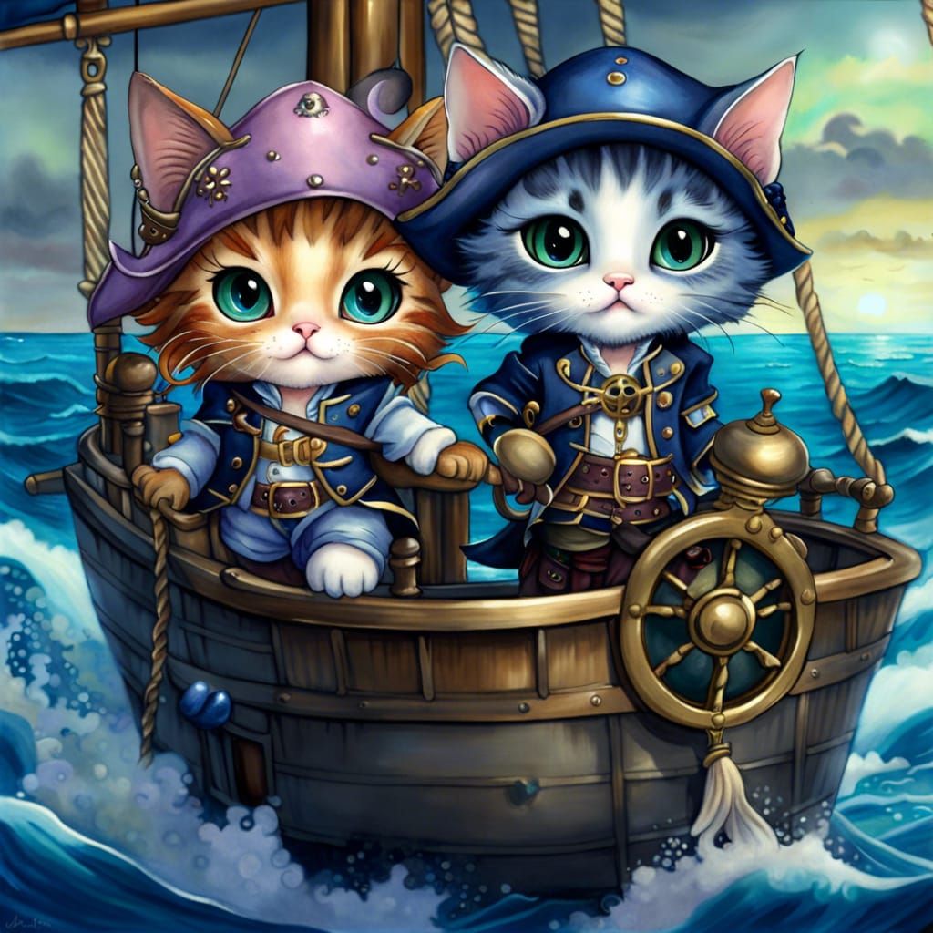 Cat Pirates on the Sea: Watercolor Fantasy Art