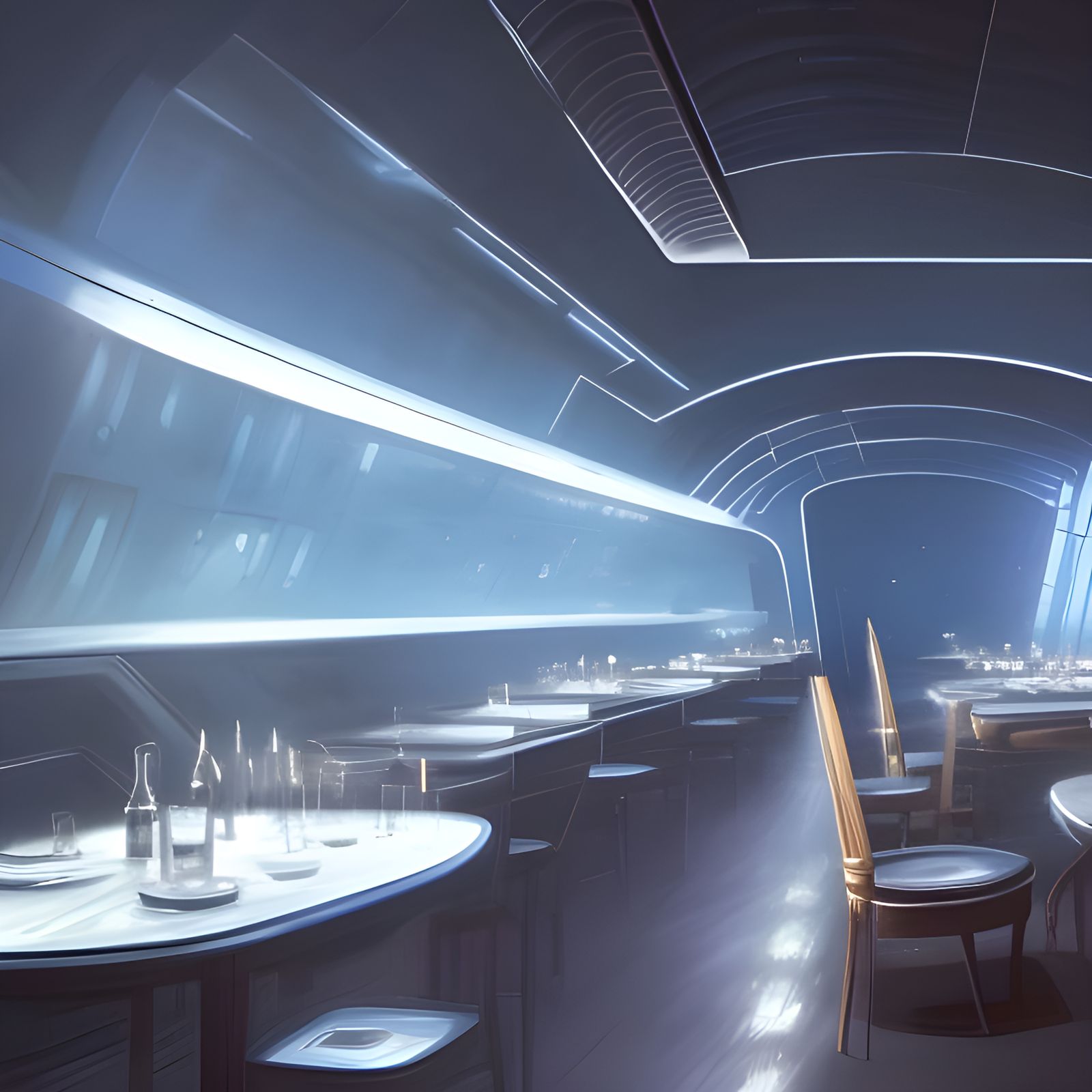 Sci-Fi Starship Restaurant with Woman in Blue