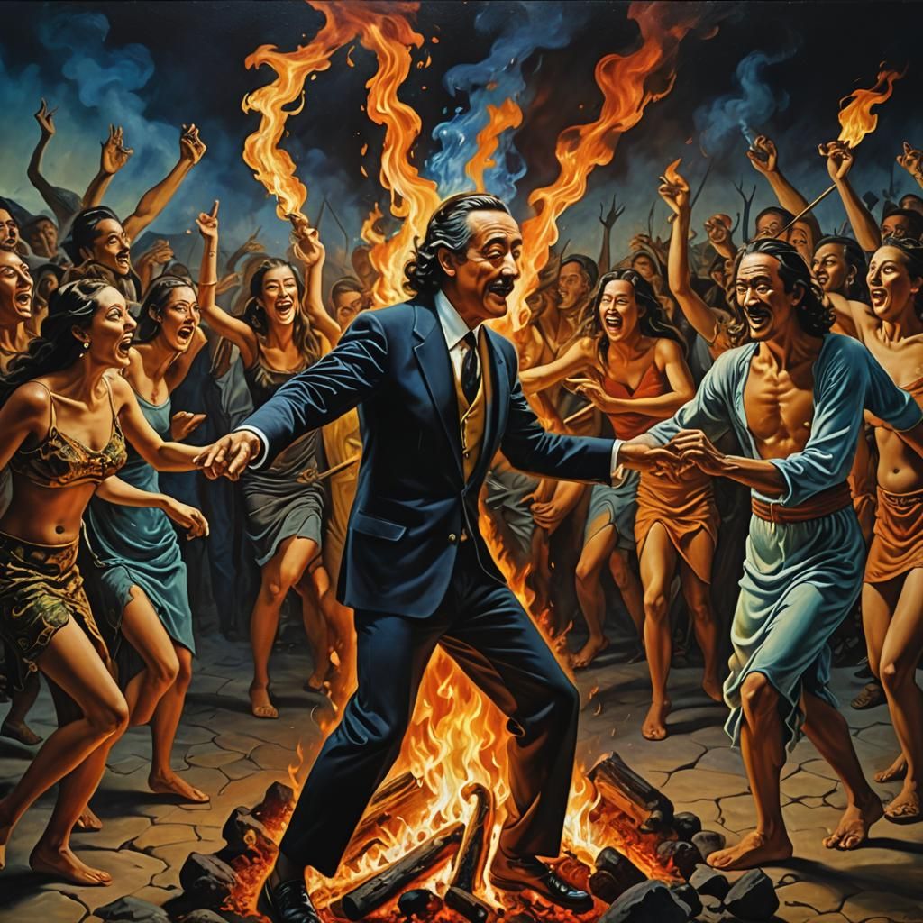 Prehistoric People Dancing: A Surrealist Oil Painting