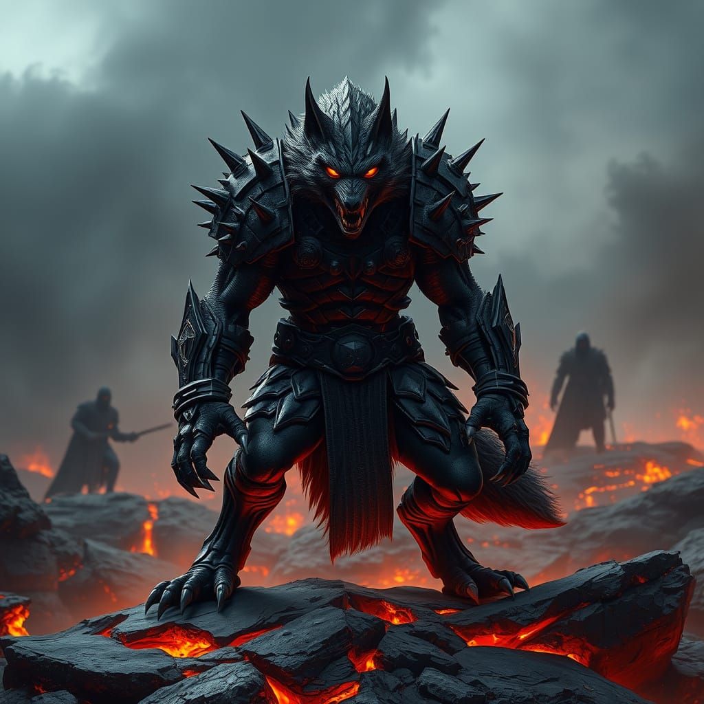 Cyberpunk Wolf Warrior in Lava Landscape
