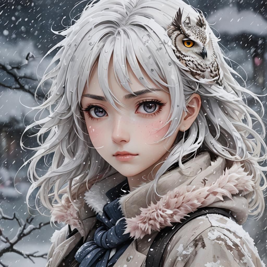 Anime Snowstorm: Woman and Owl in White and Pink