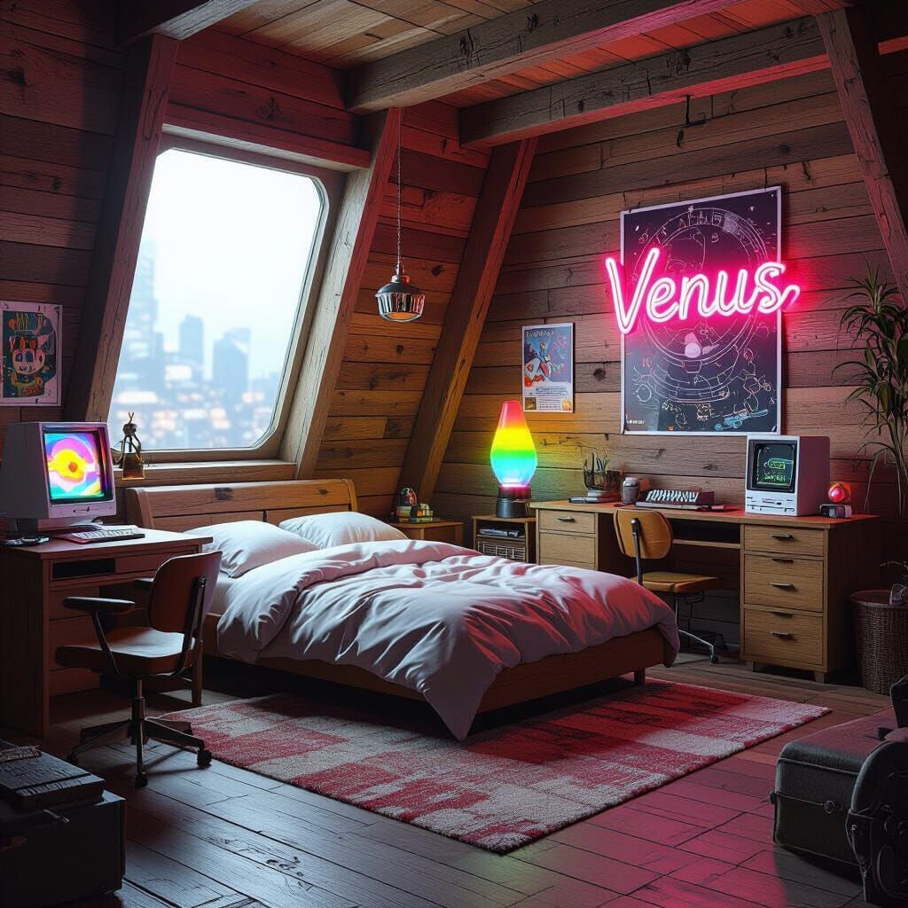 Cozy 90s Bedroom with Neon Sign in Lofi Cyberpunk Style