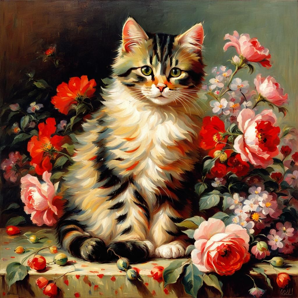 Cat Surrounded by Flowers in Romantic Style