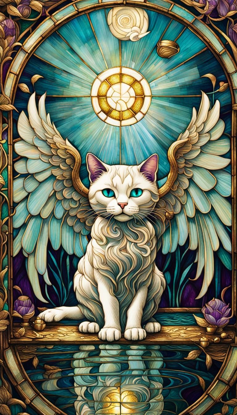 Winged Cat Stained Glass Art in Turquoise and Gold