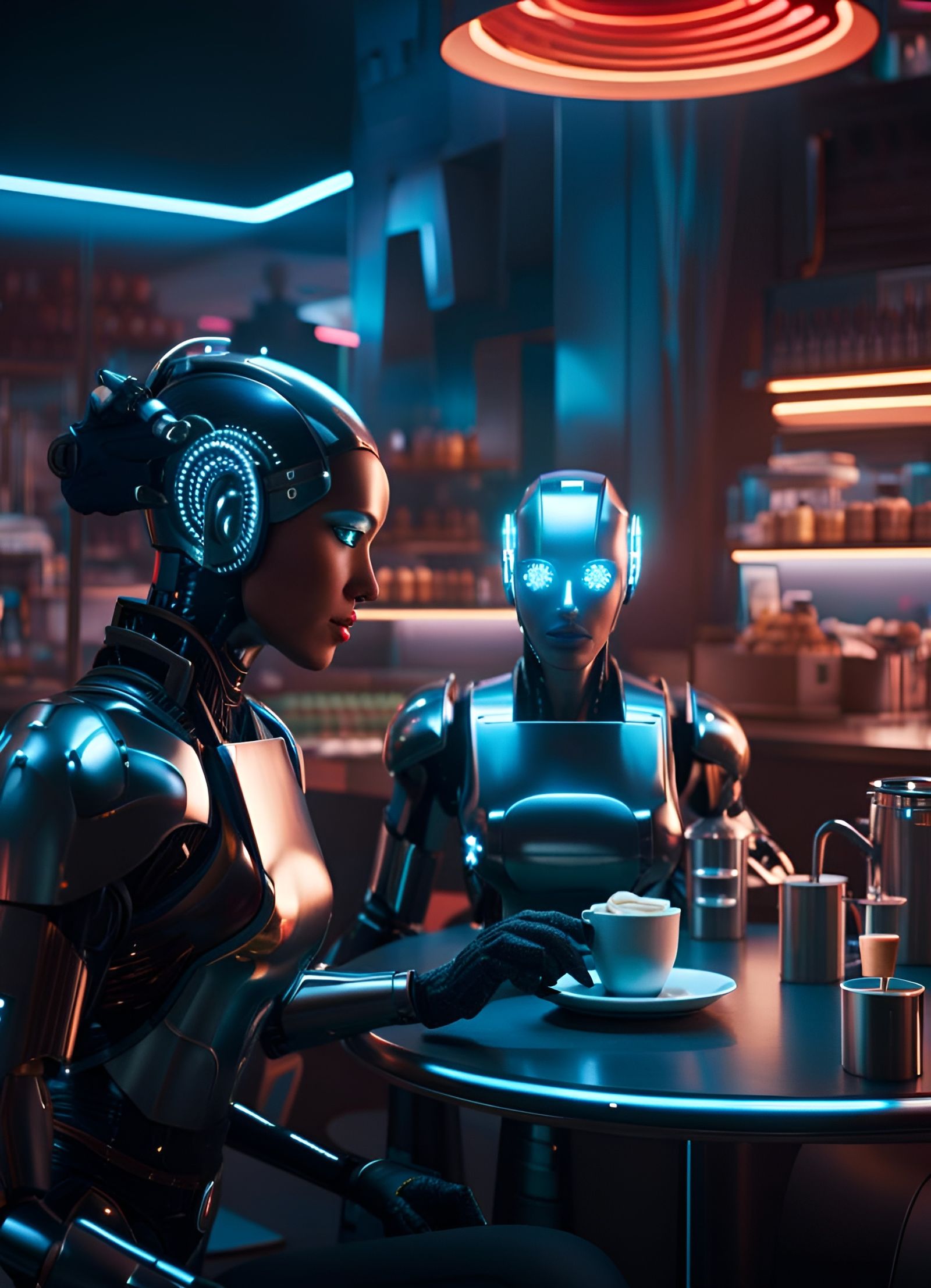 Cyborg Baristas Serve Coffee in Neon Lit Restaurant