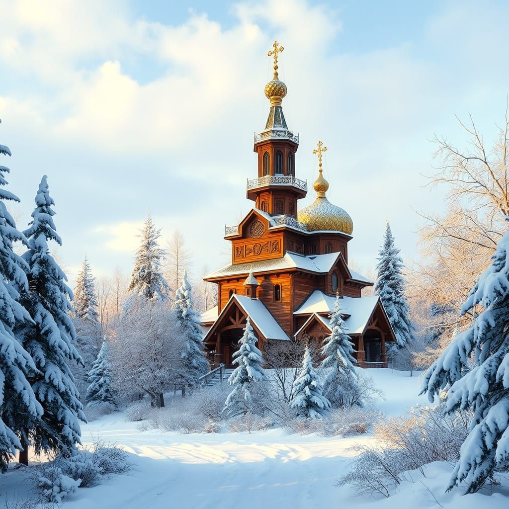 Enchanted Winter Woodland Scene in Traditional Russian Style