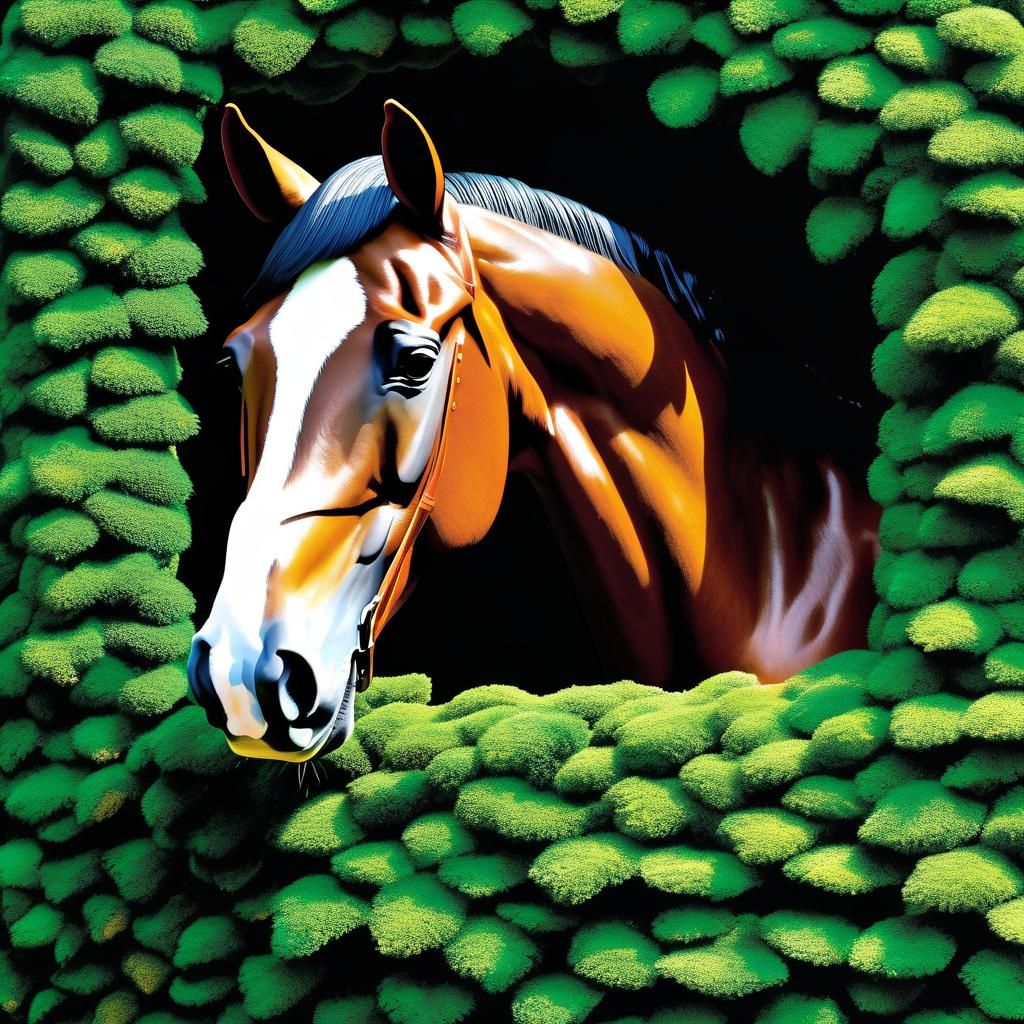 Hyperrealistic Horse Near Hollow Hedge