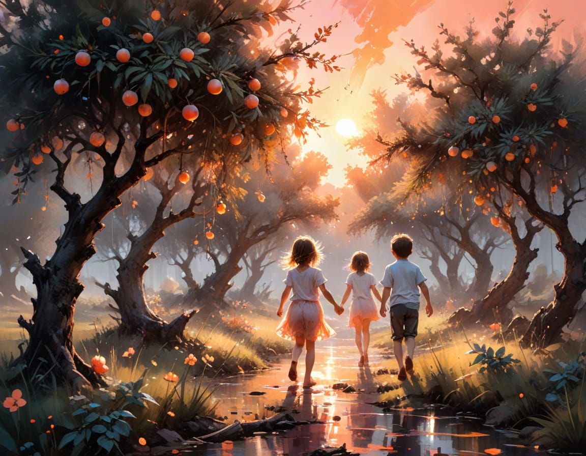 Children Chase Bioluminescent Flickers: Watercolor Summersca...