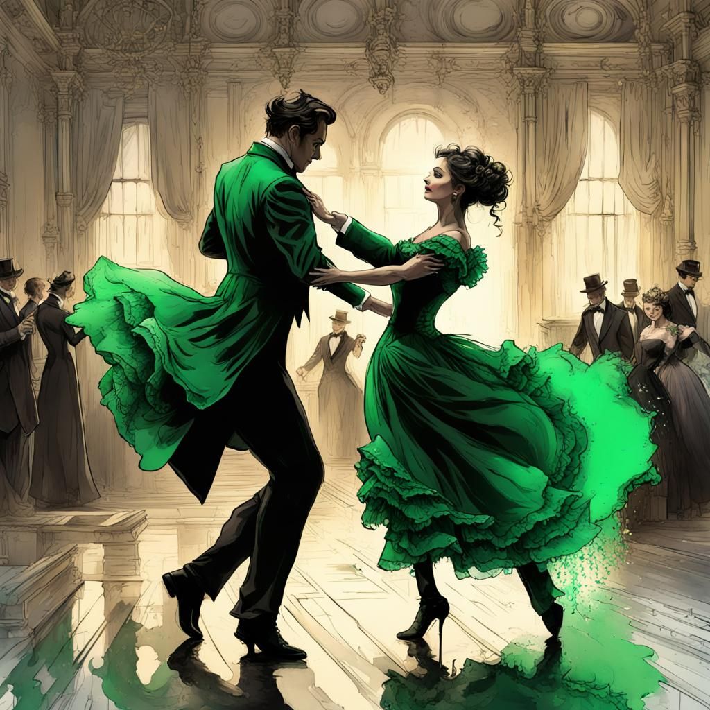 Victorian Couple Dancing: Hyperdetailed Ink Splash Art