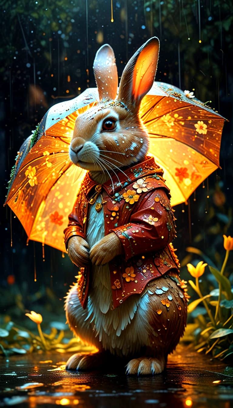 Floral Umbrella With Sad Rabbit in Amber Rain