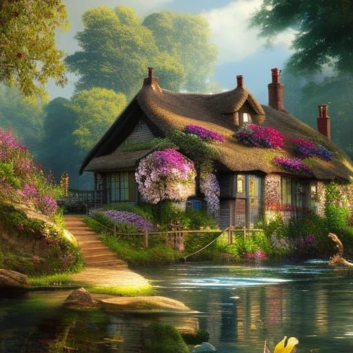 Cottagecore Village by Lake with Flower Garden