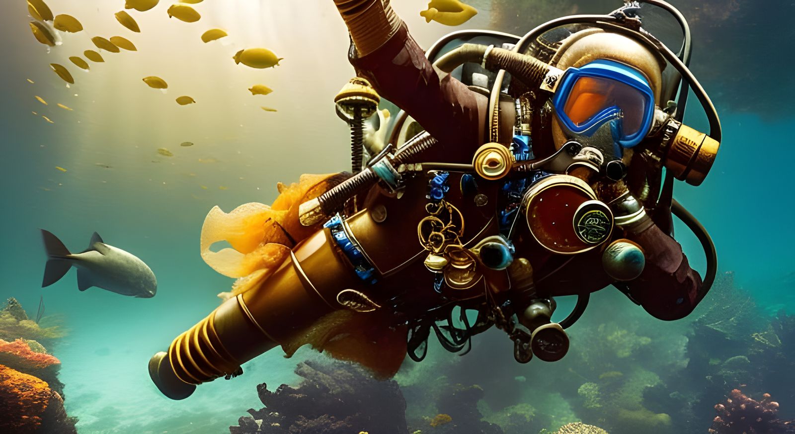 Steampunk Style Scuba Diver At The Bottom of The Ocean