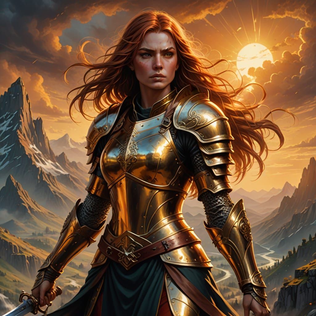 Golden Warrior Maiden Amidst Sunset Glory
