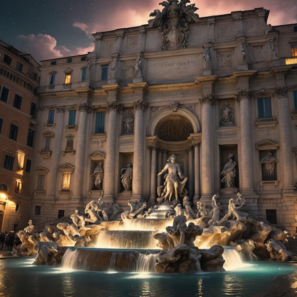 Illuminated Trevi Fountain at Night: Digital Matte Painting