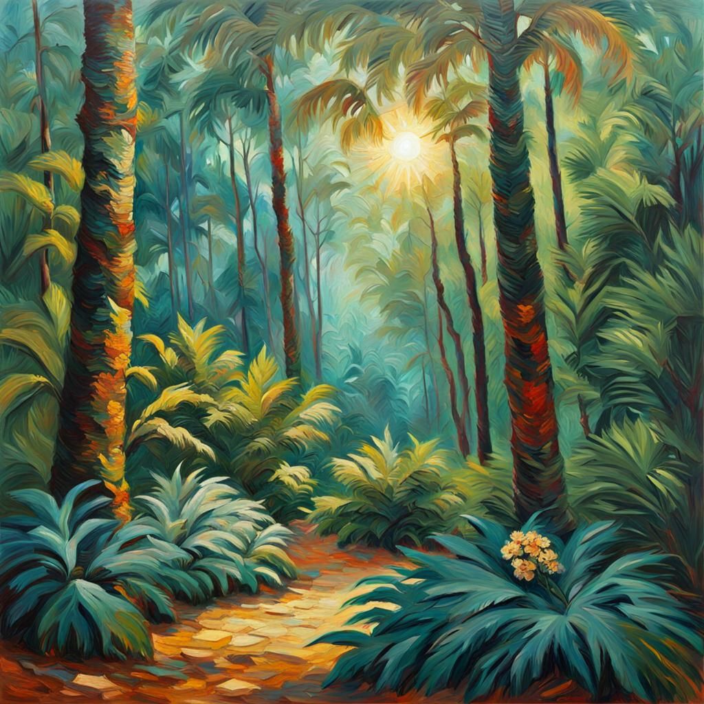Lush Tropical Forest Painting in Van Gogh Style