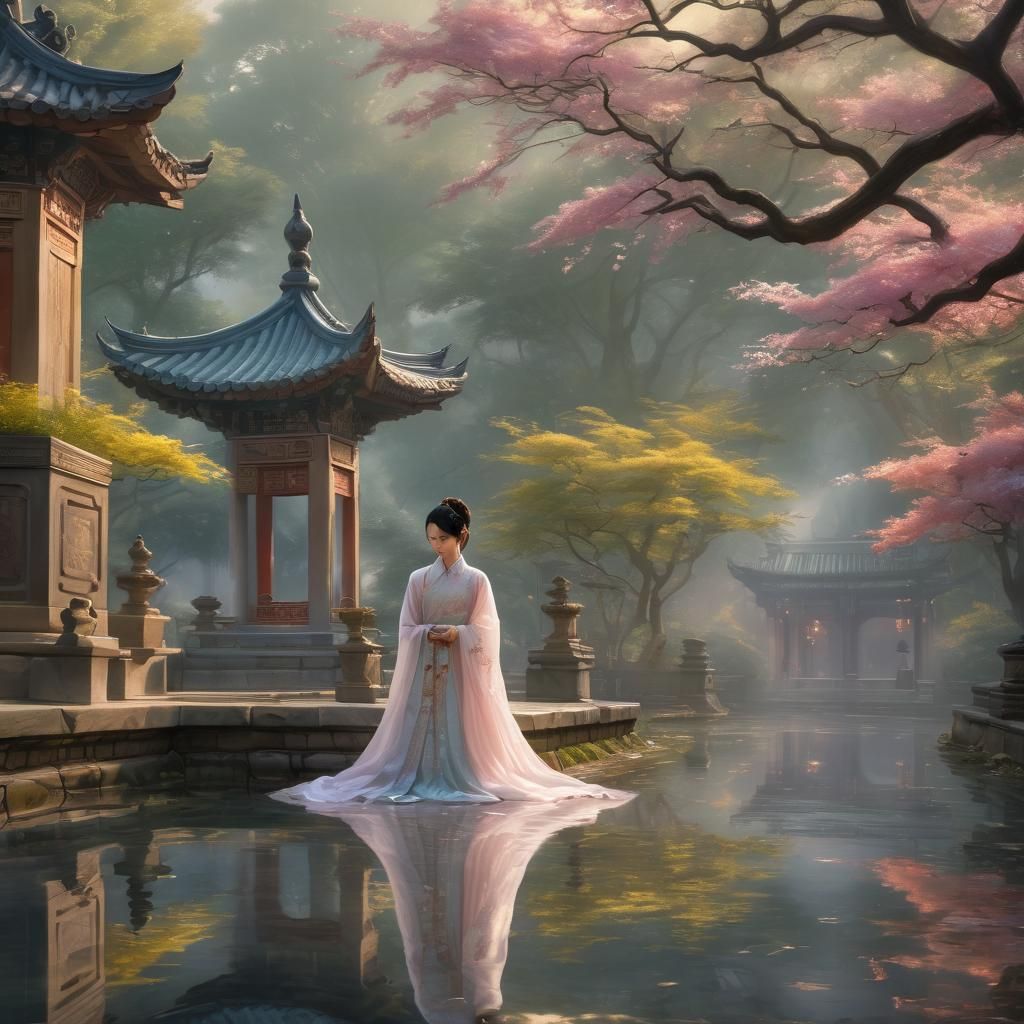 Ethereal Chinese Women Meditating in Temple Park