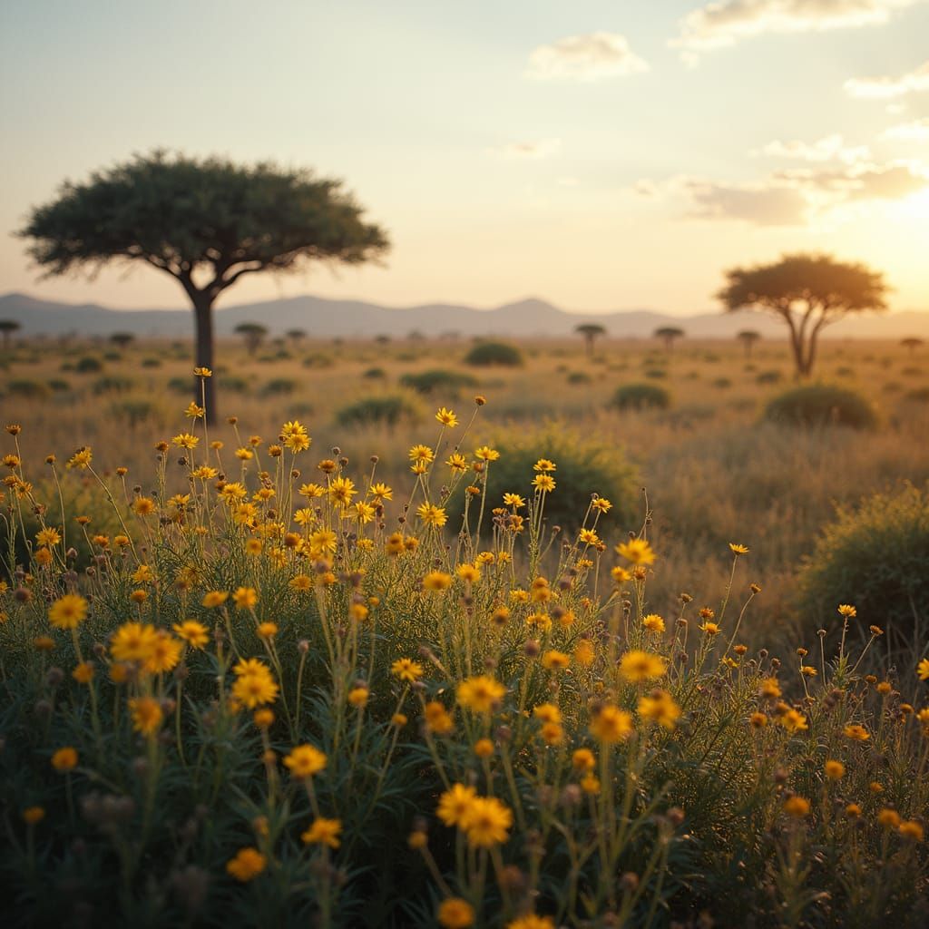 African Landscape with Wildflowers in Hyperrealistic Style