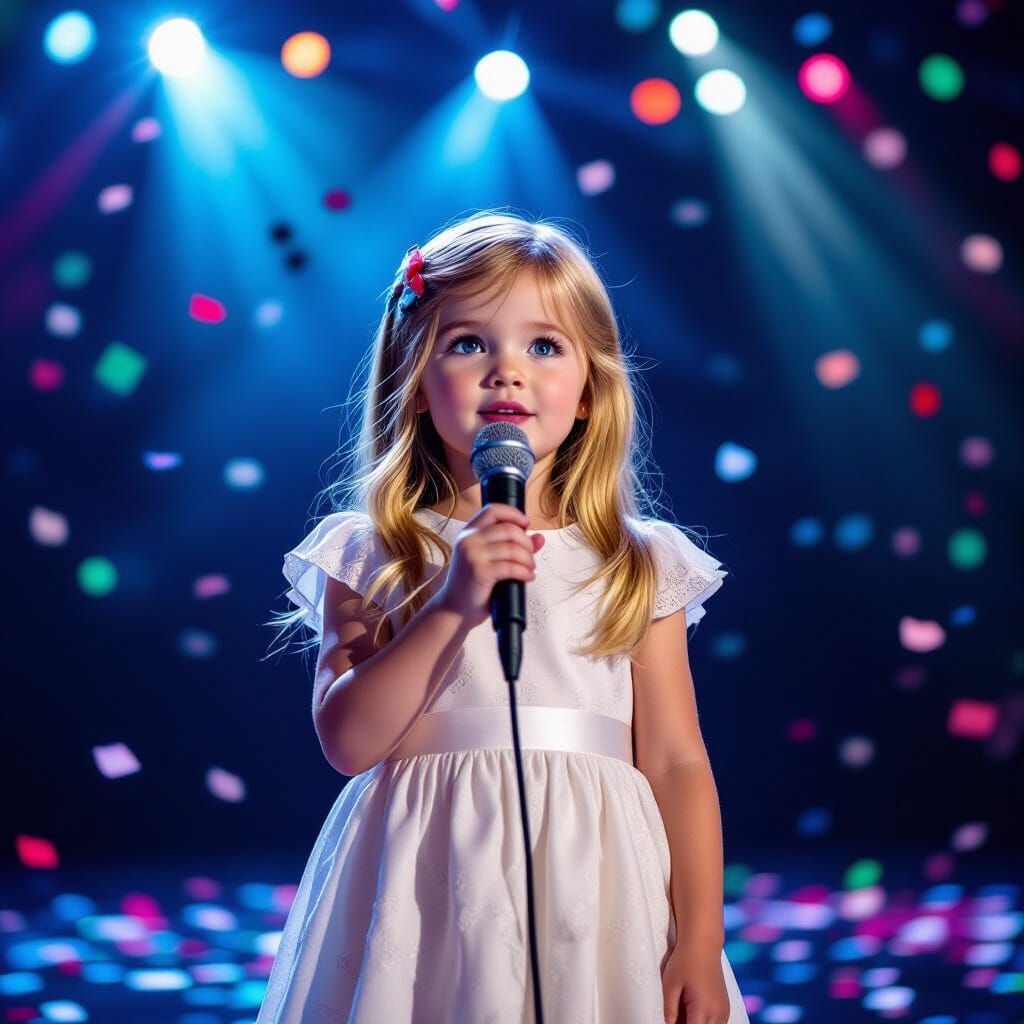 Young Girl Sings on Stage with Colorful Lights