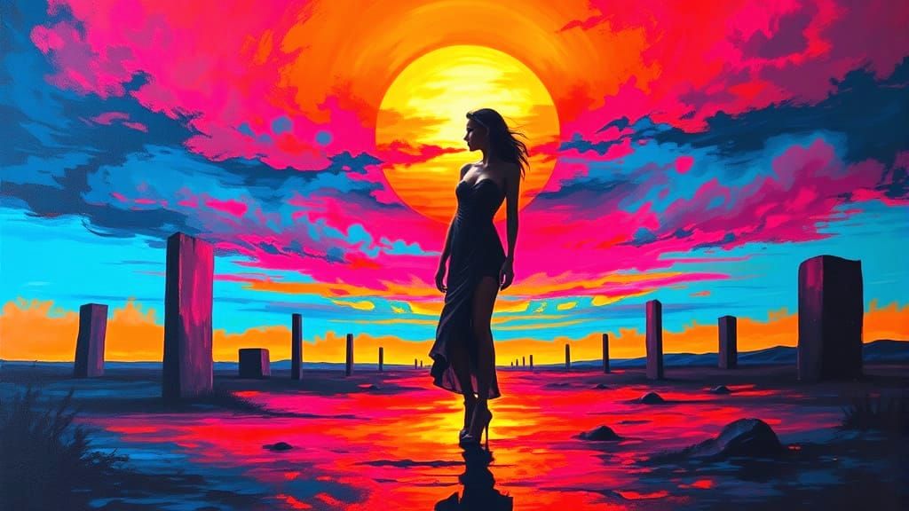 Woman Against Abstract Sunset in Surreal Landscape