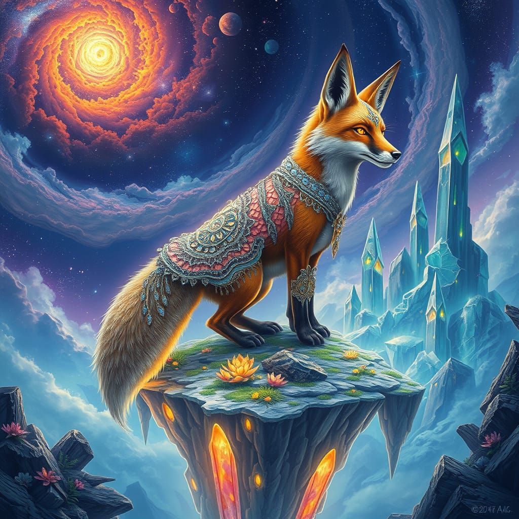 Iridescent Fox on Floating Island in Fantasycore Style