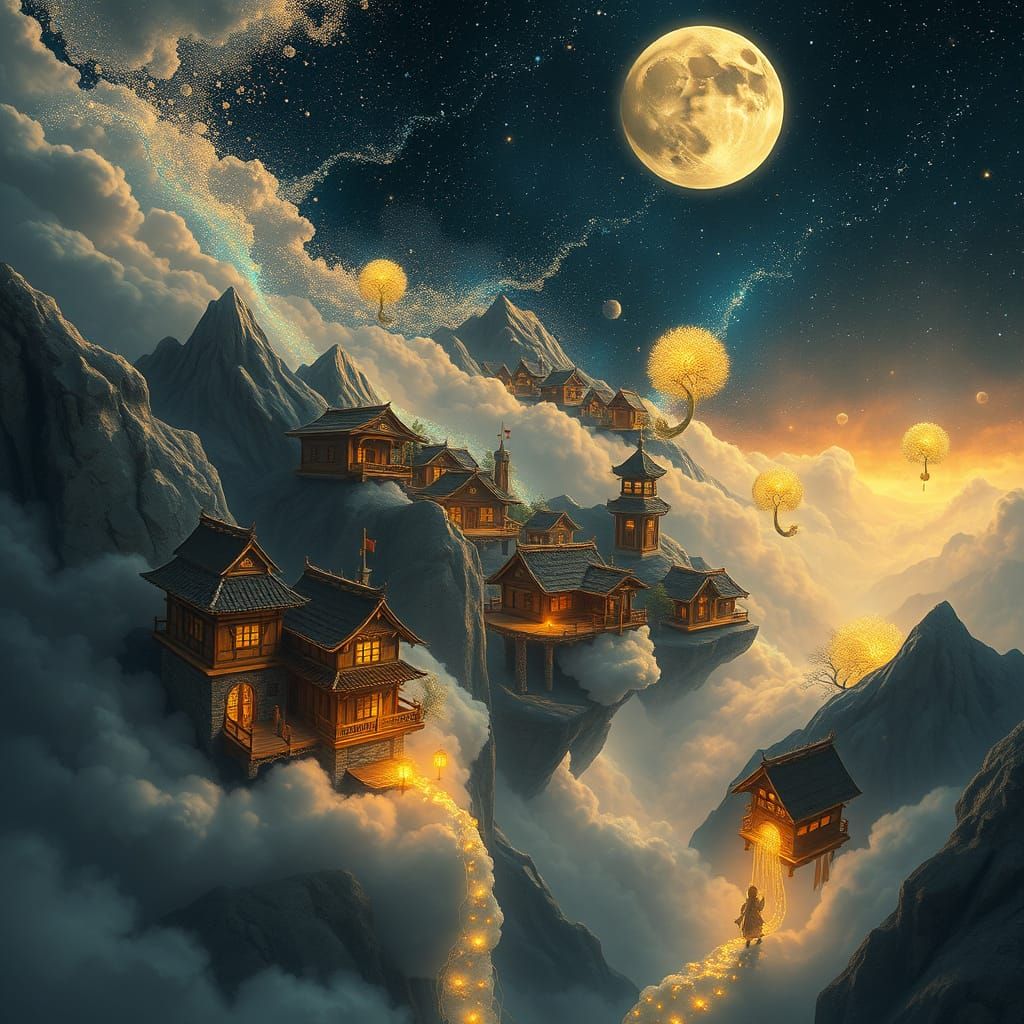 Celestial Dream Village in Whimsical Cyberpunk Style
