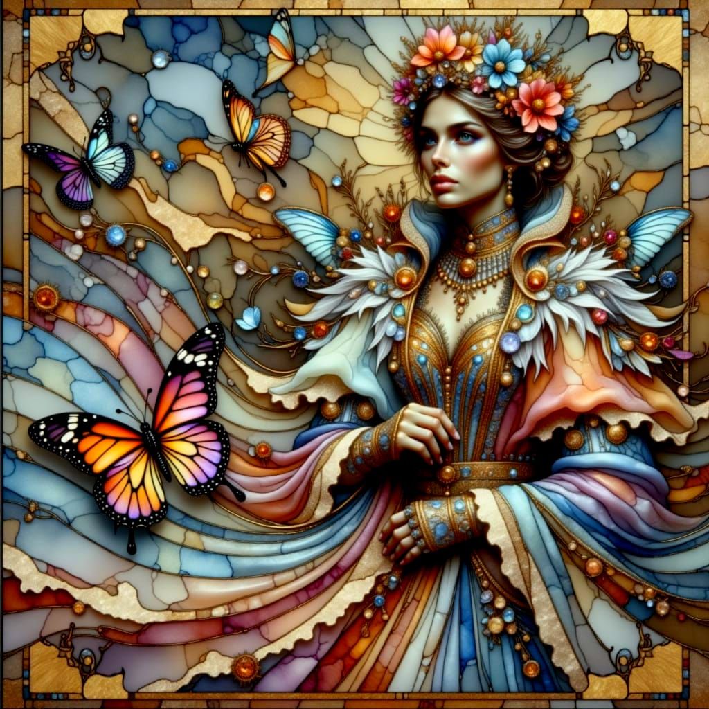 Radiant Woman in Citrus Light Gown with Butterflies