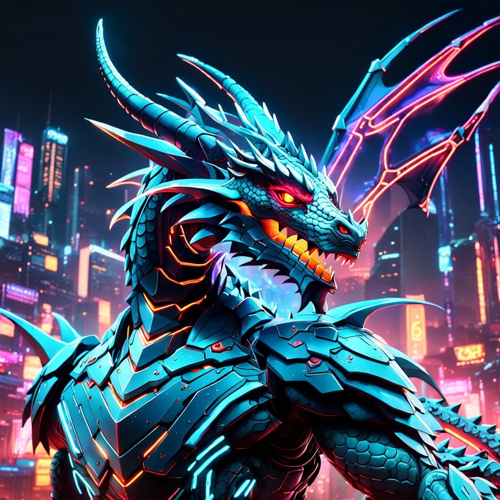 Neon Anime Cyber Dragon in Detailed Matte Painting