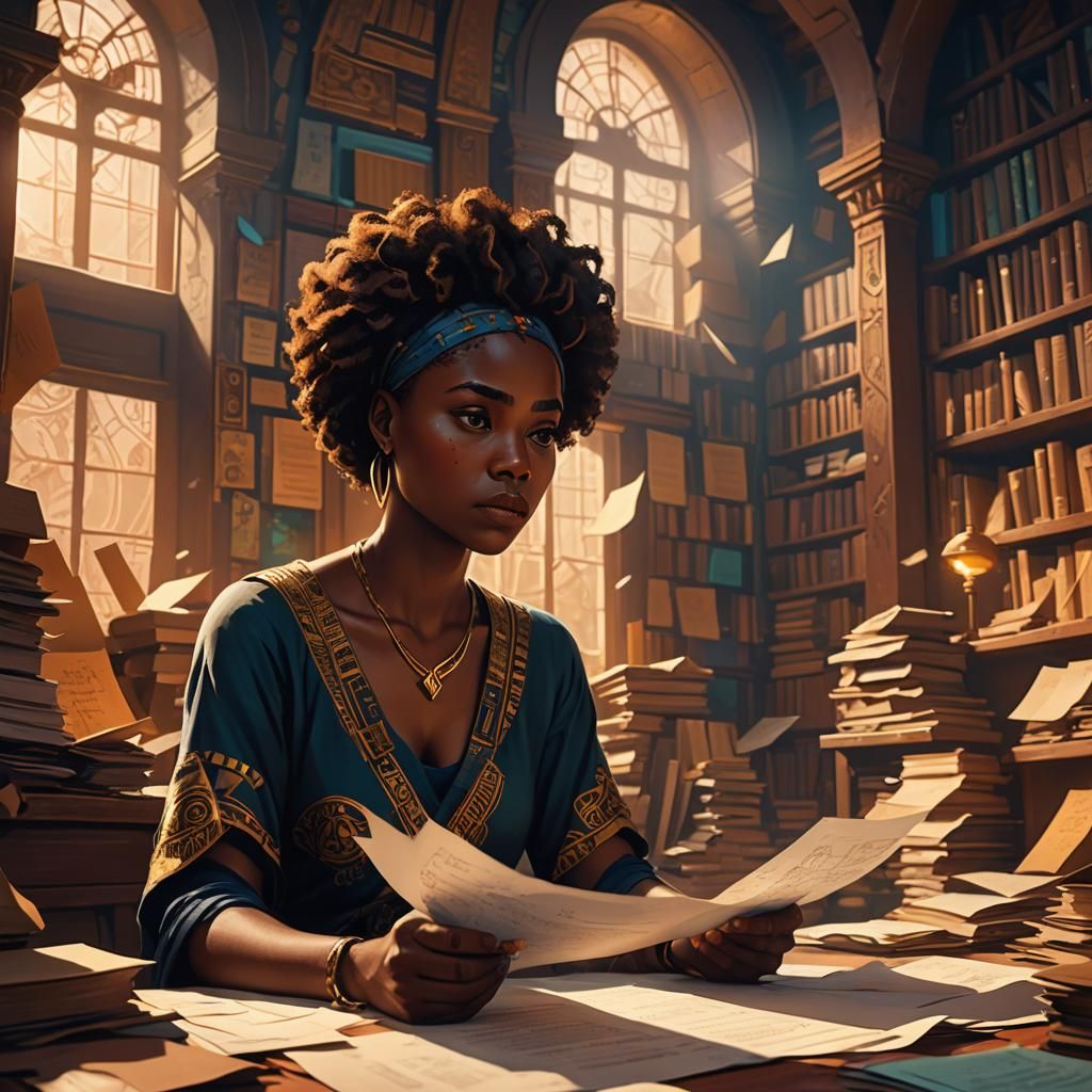 Cartoon Woman Overwhelmed in Mystical Library