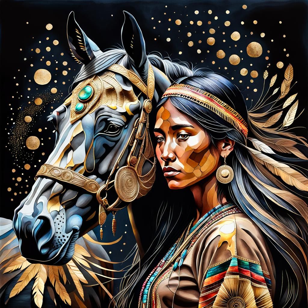 Native American Woman and Horse in Mixed Media Collage