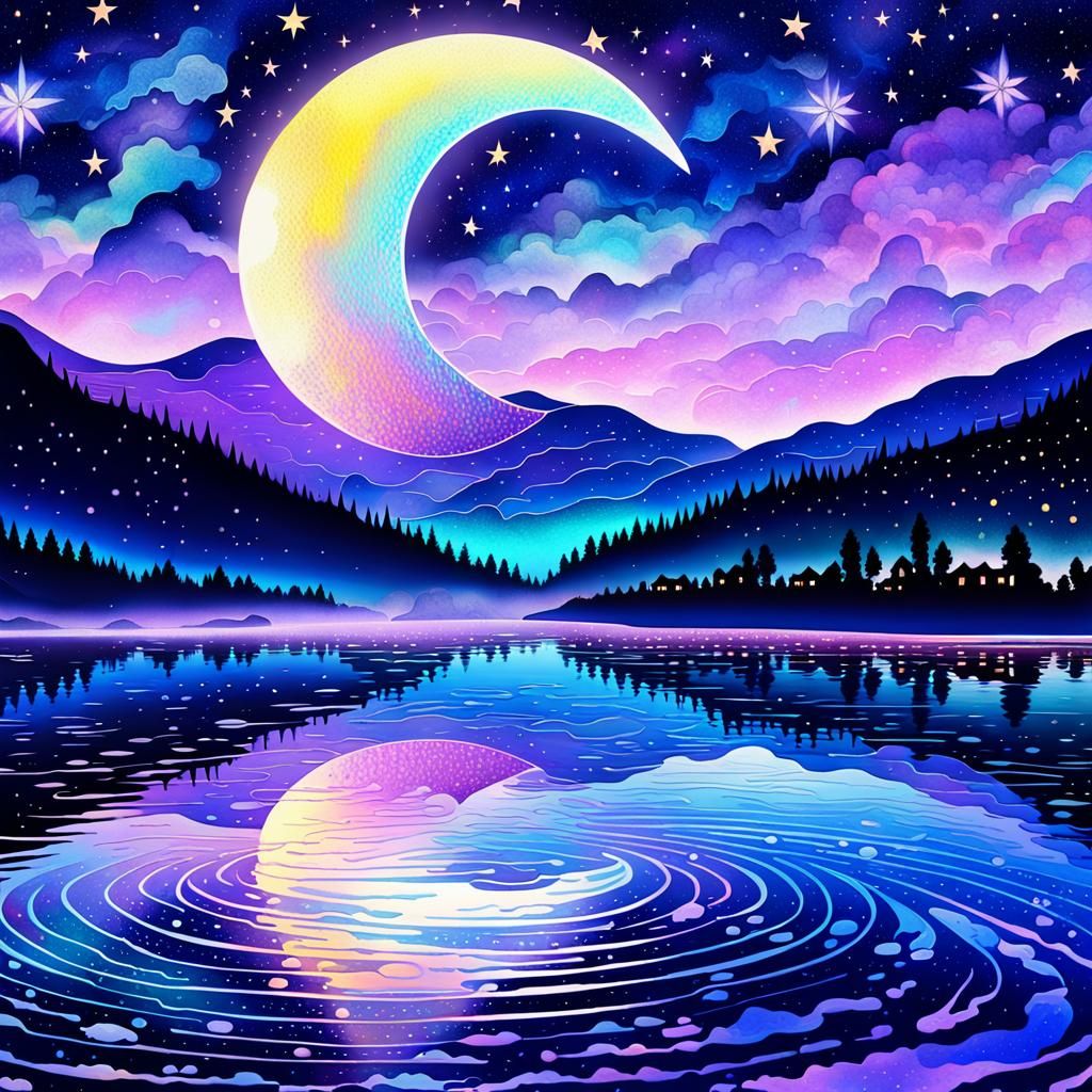 Astral Crescent Moon Lake in Magical Realism Style