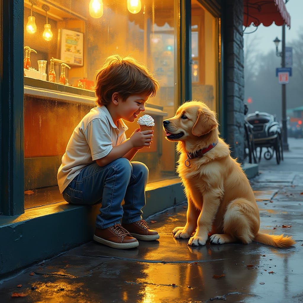 Boy and Golden Retriever Enjoy Ice Cream on Curb