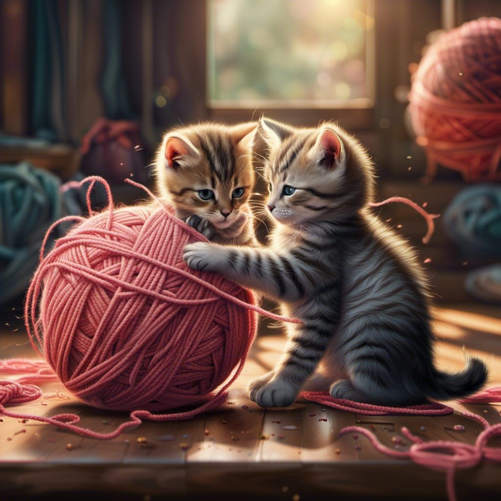 Kittens Play with Yarn: Hyperrealistic Digital Art