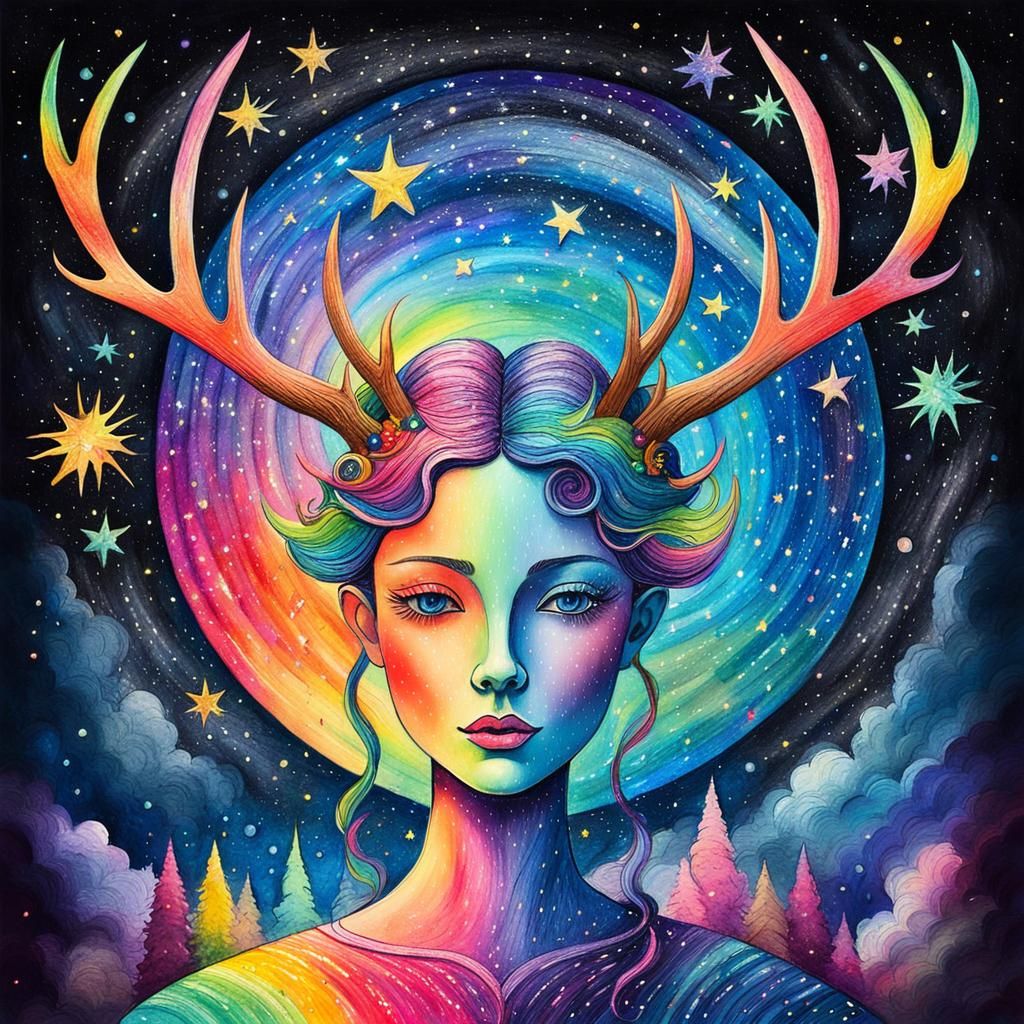 Cosmic Fairy Goddess in Surreal Crayon Drawing