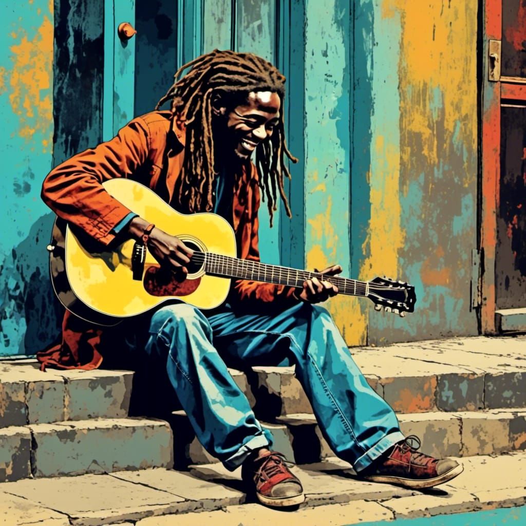 Man with Dreads Plays Guitar in Pop Art Style