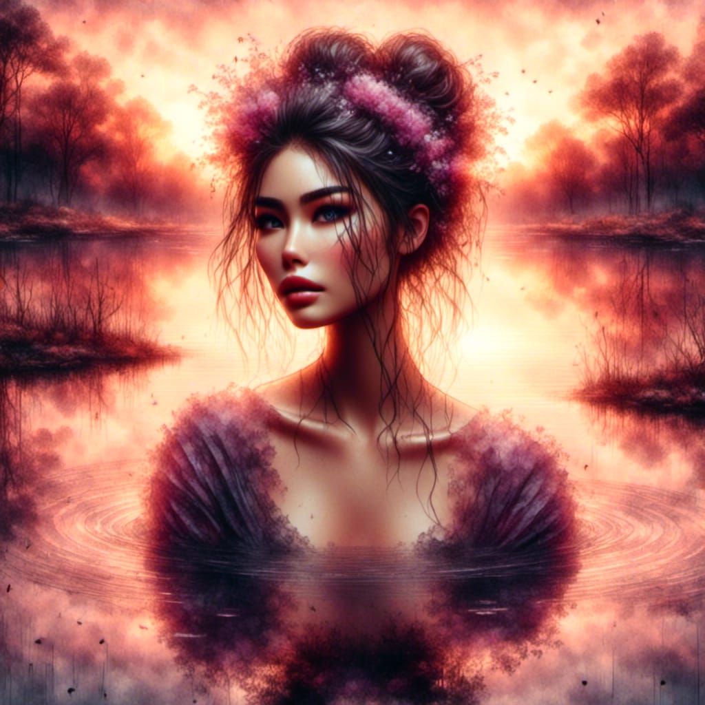 Geisha in Crystalline Pond at Golden Hour