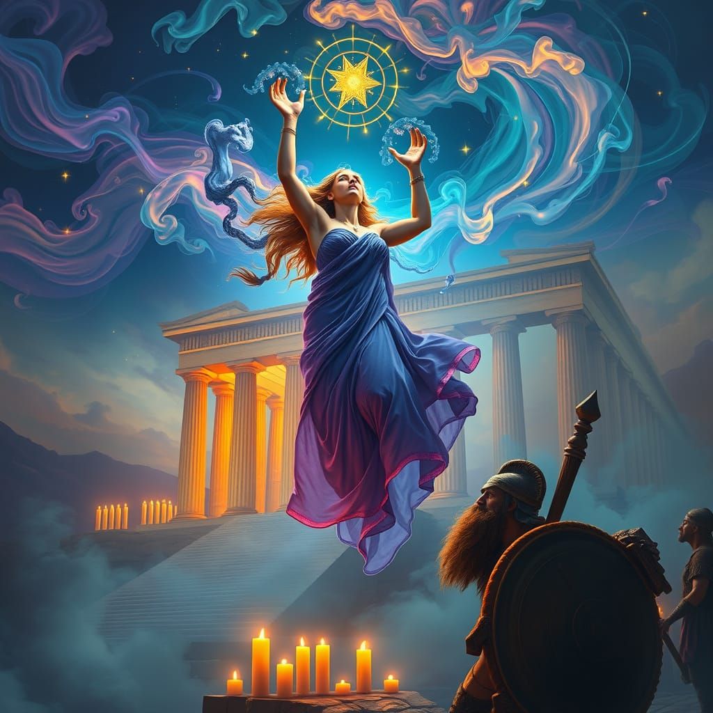 Oracle of Delphi Vision in Psychedelic Smoke Over Greek Temp...
