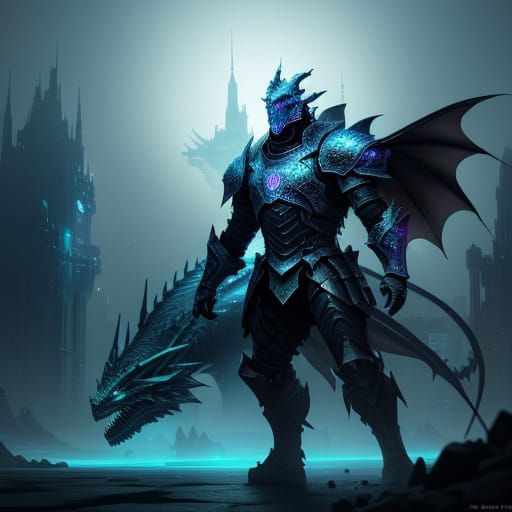 Knight vs Dragon in Neon City - Futuristic Fantasy Art