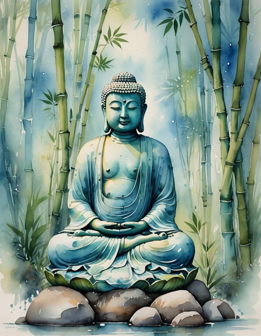 Serene Buddha in Bamboo Forest: Whimsical Watercolor