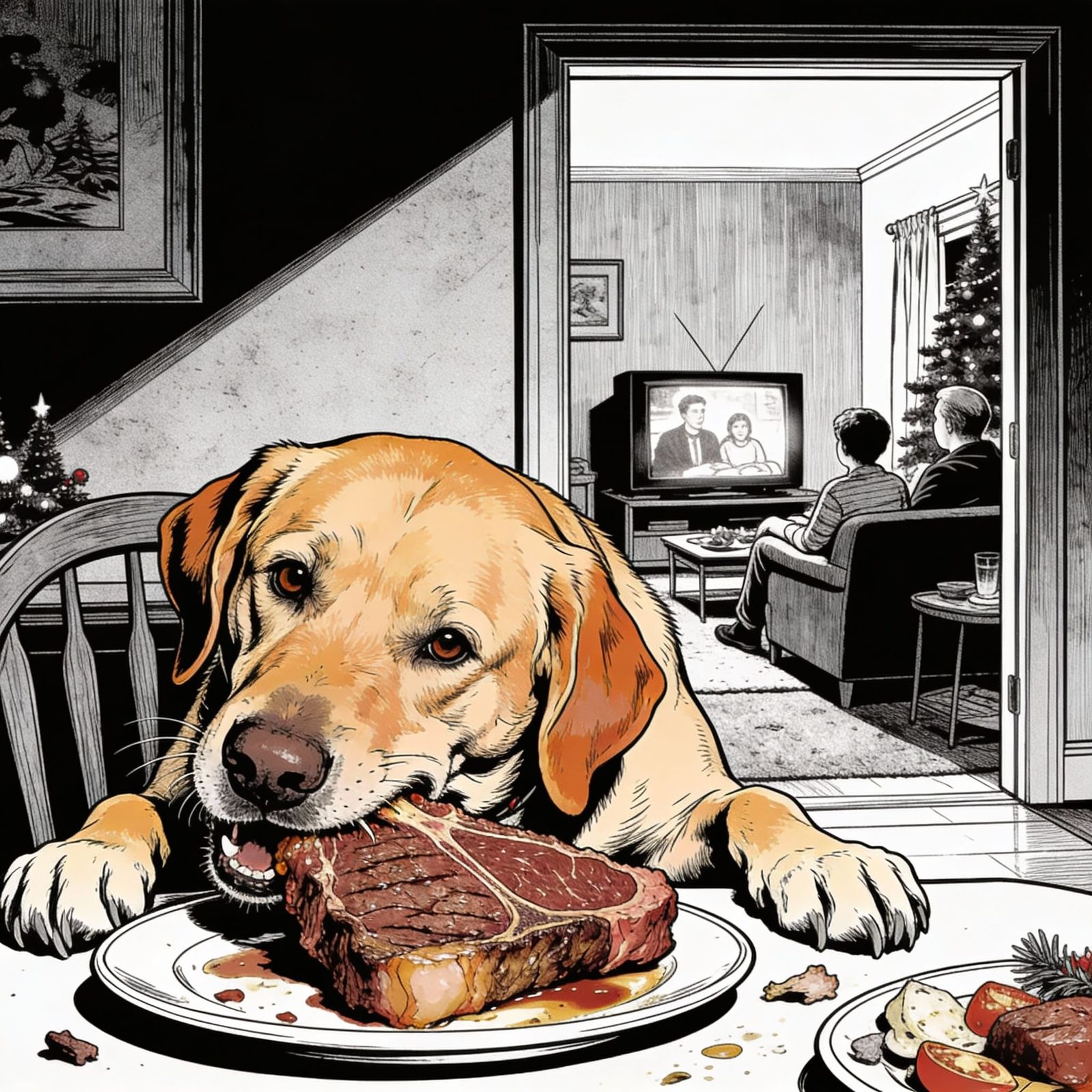 Black and White Christmas Dinner Drawing with Realistic Dog