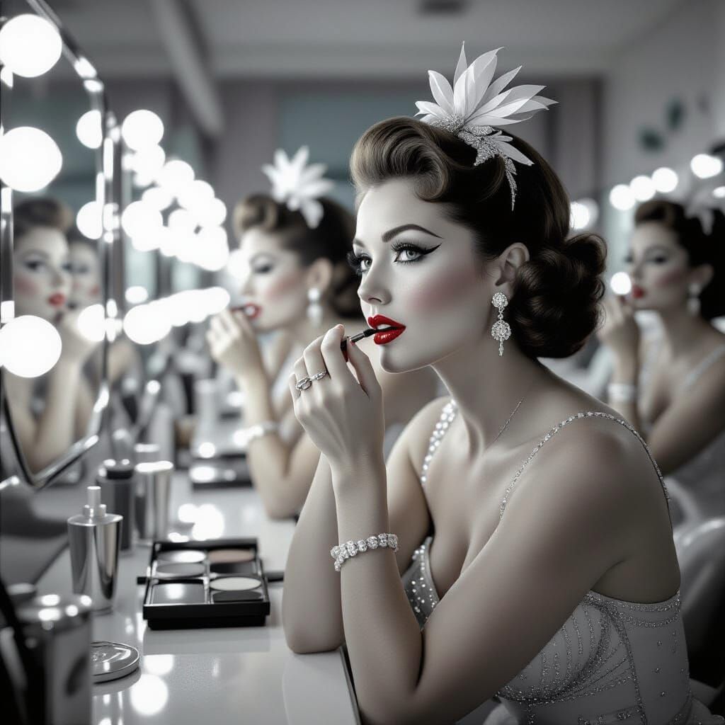 1950s Showgirl Applying Makeup, Black and White Photography