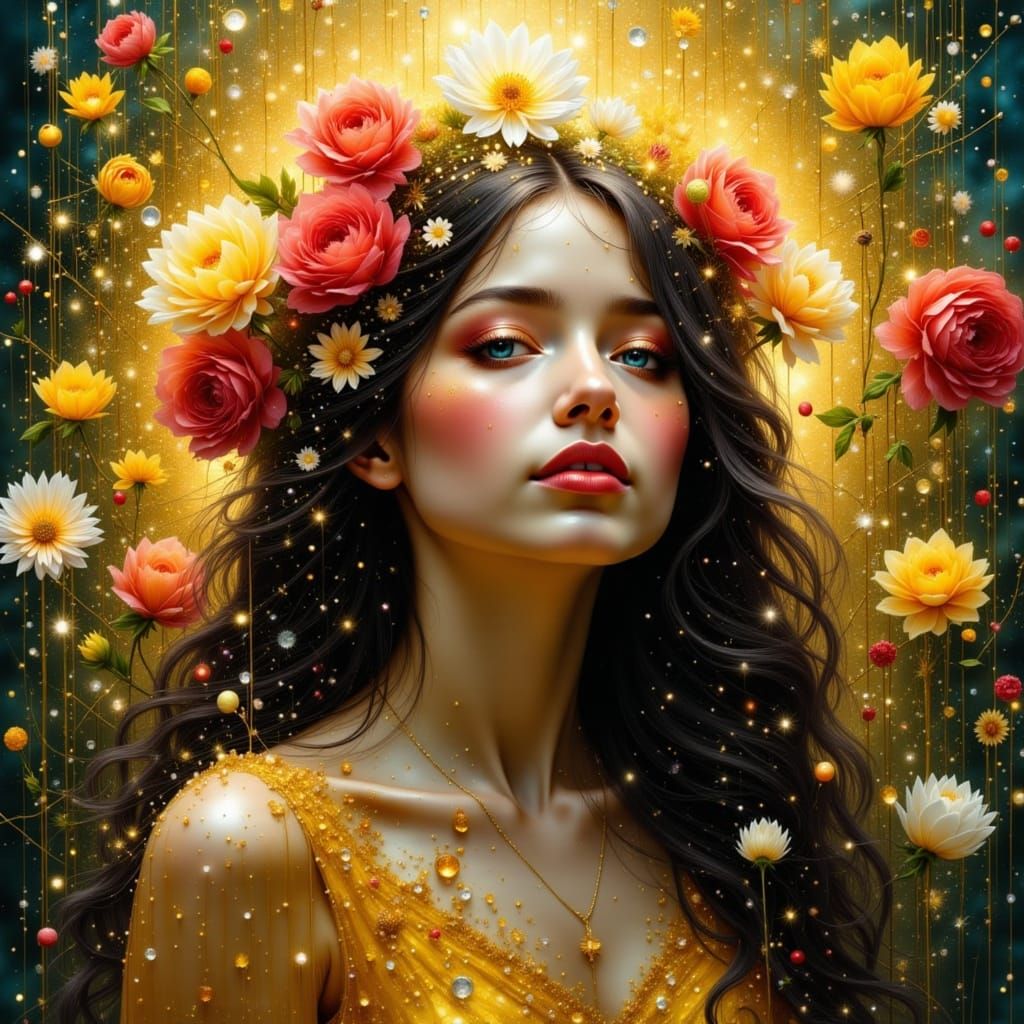 Golden Woman Crowned with Flowers, Impressionist Masterpiece