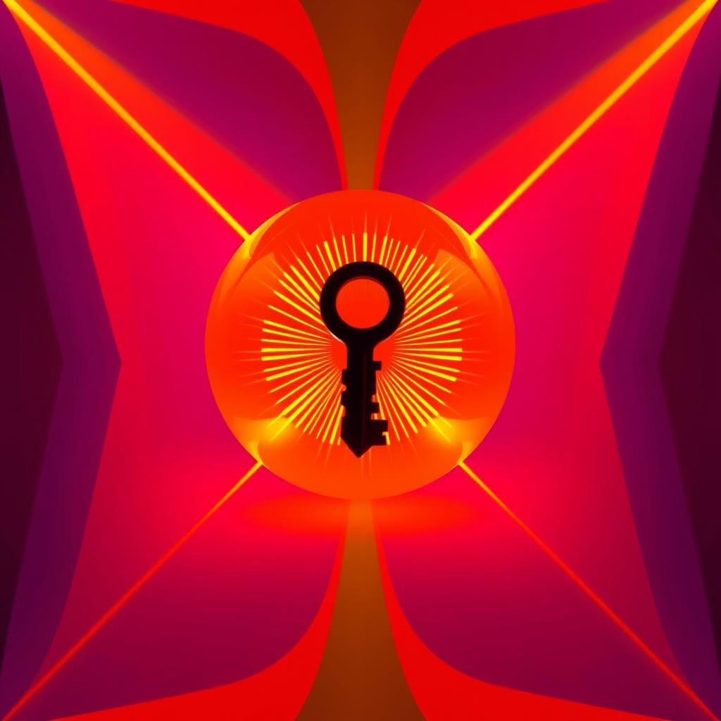 Pulsing Orange Orb with Key in Bauhaus Pop Art
