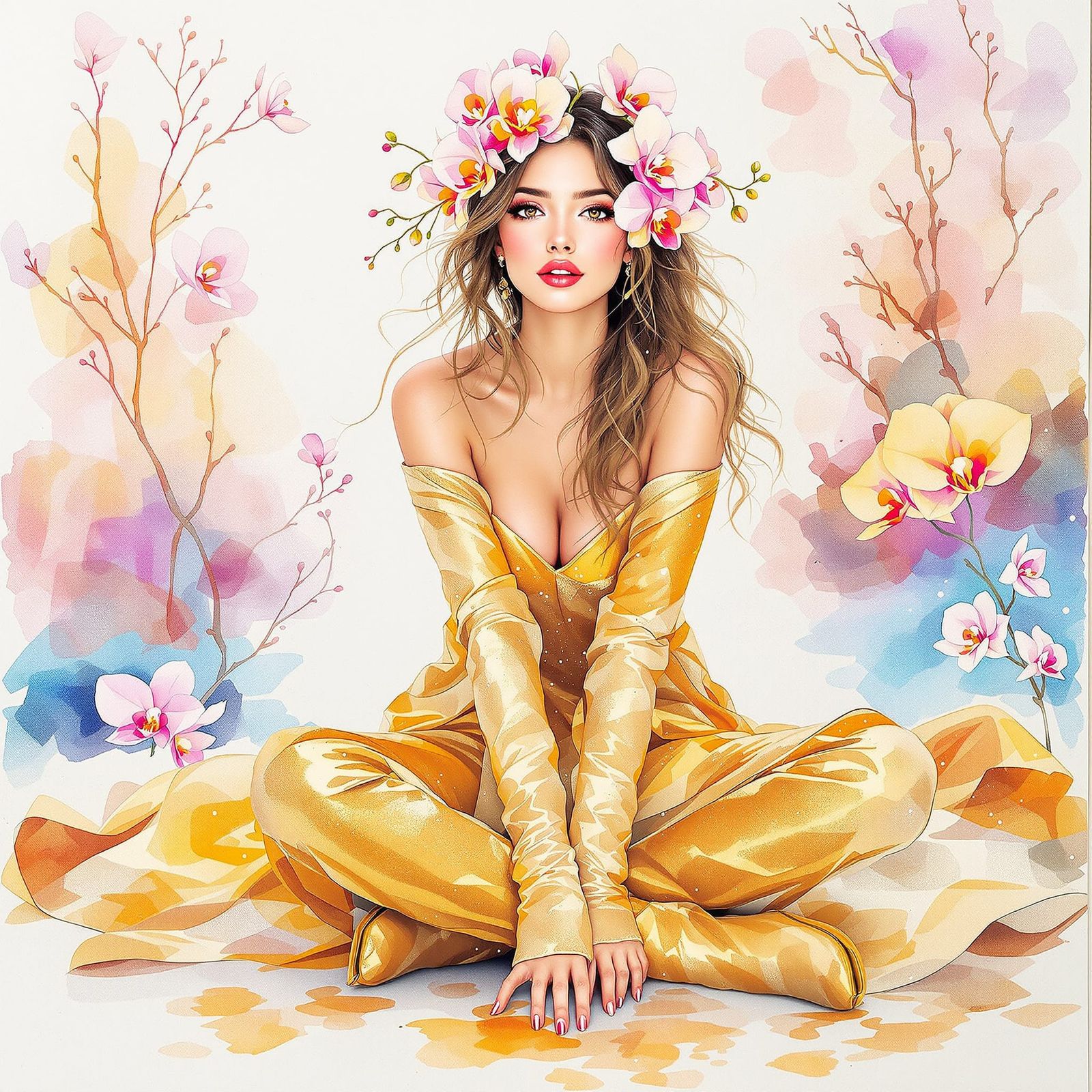 Elegant Woman in Golden Winter Dress Watercolor Painting