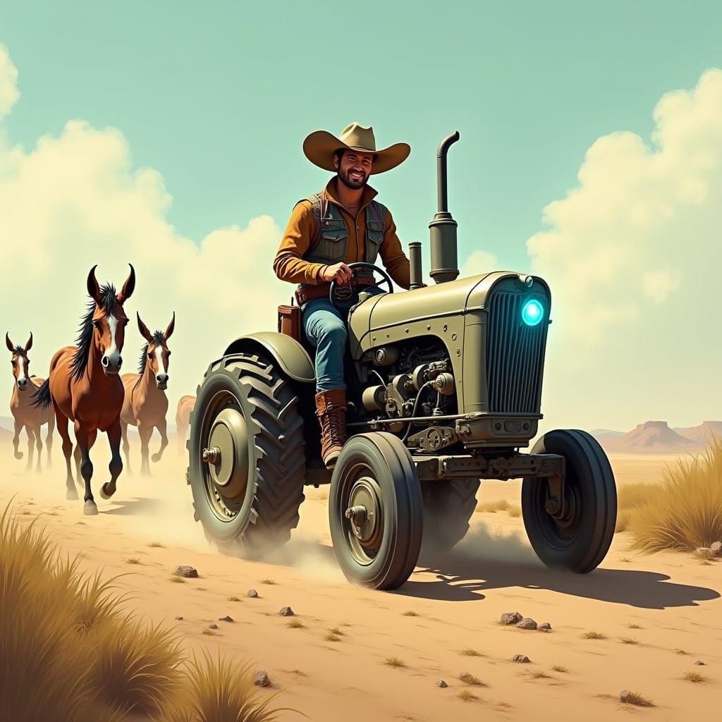 Cowboy Drives Futuristic Tractor Through Dusty Terrain