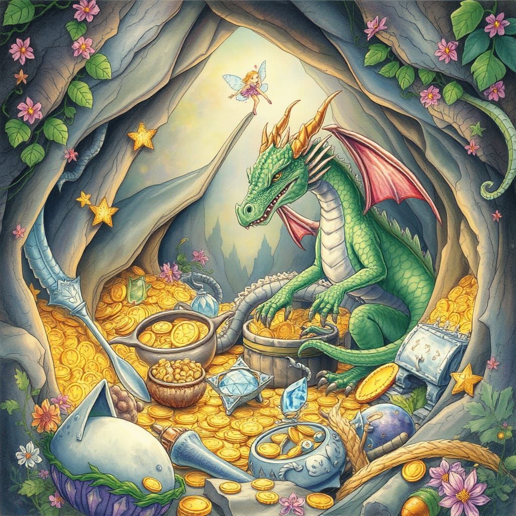 Dragon's Hoard in Enchanted Cave, Watercolor Style