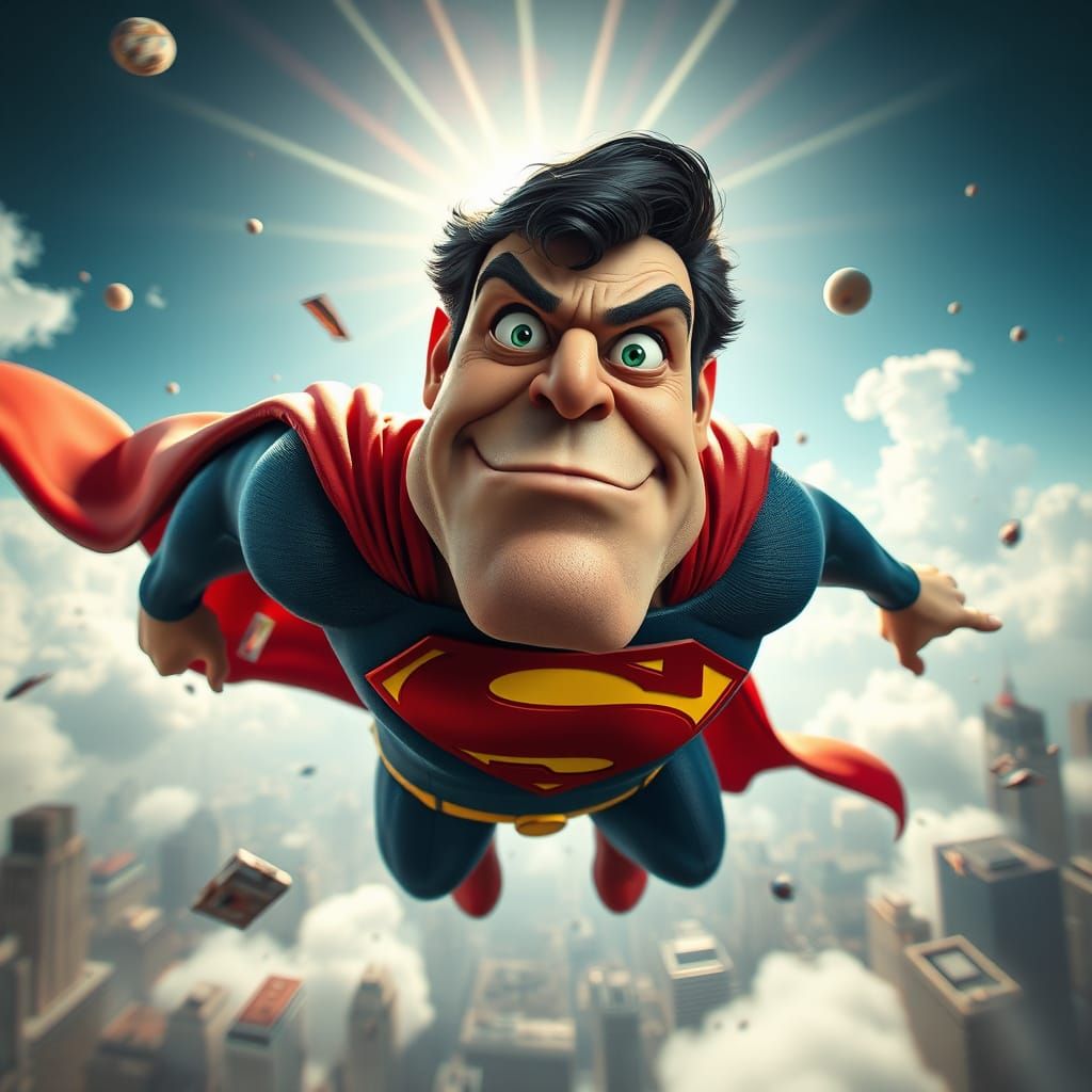Hilarious 3D Superman Caricature Soaring Through Metropolis