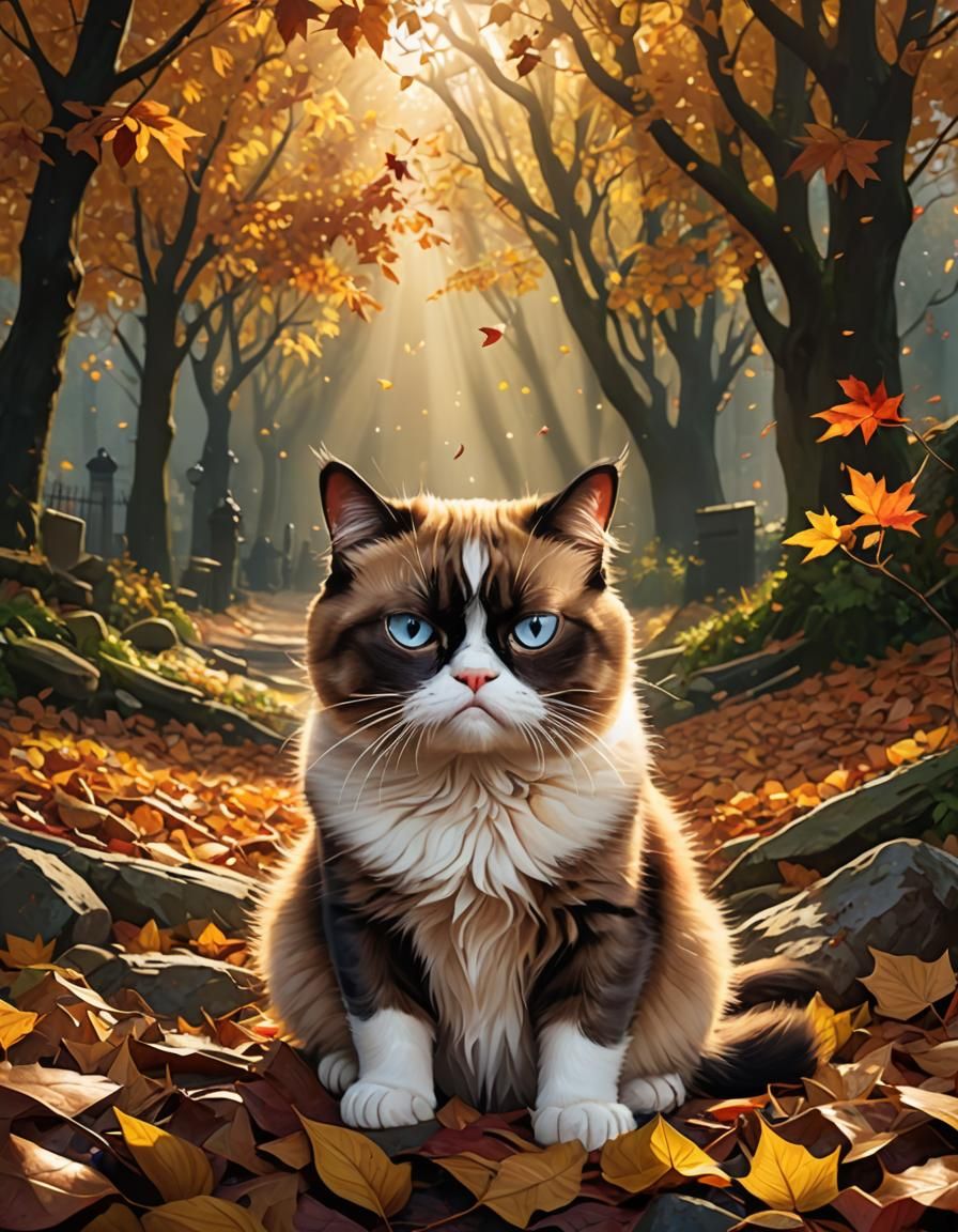 Grumpy Cat in Autumn Sunlight: Digital Matte Painting