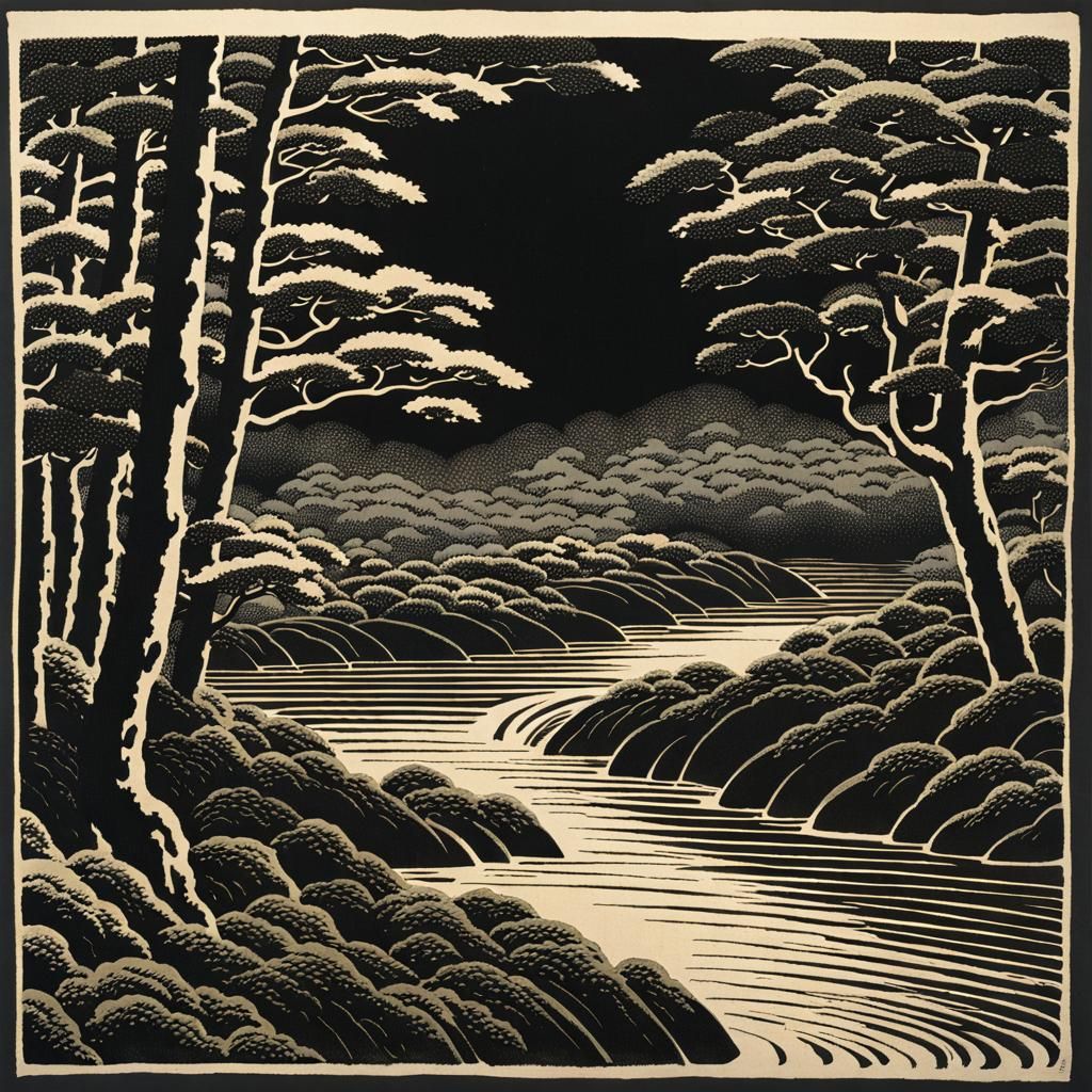 Eldritch Forest in Sōsaku-hanga Woodblock Style