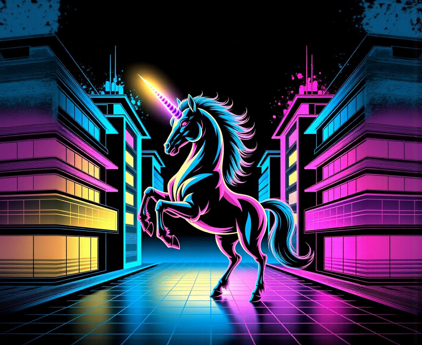 Cyberpunk Unicorn in Neon Cityscape Pop Art